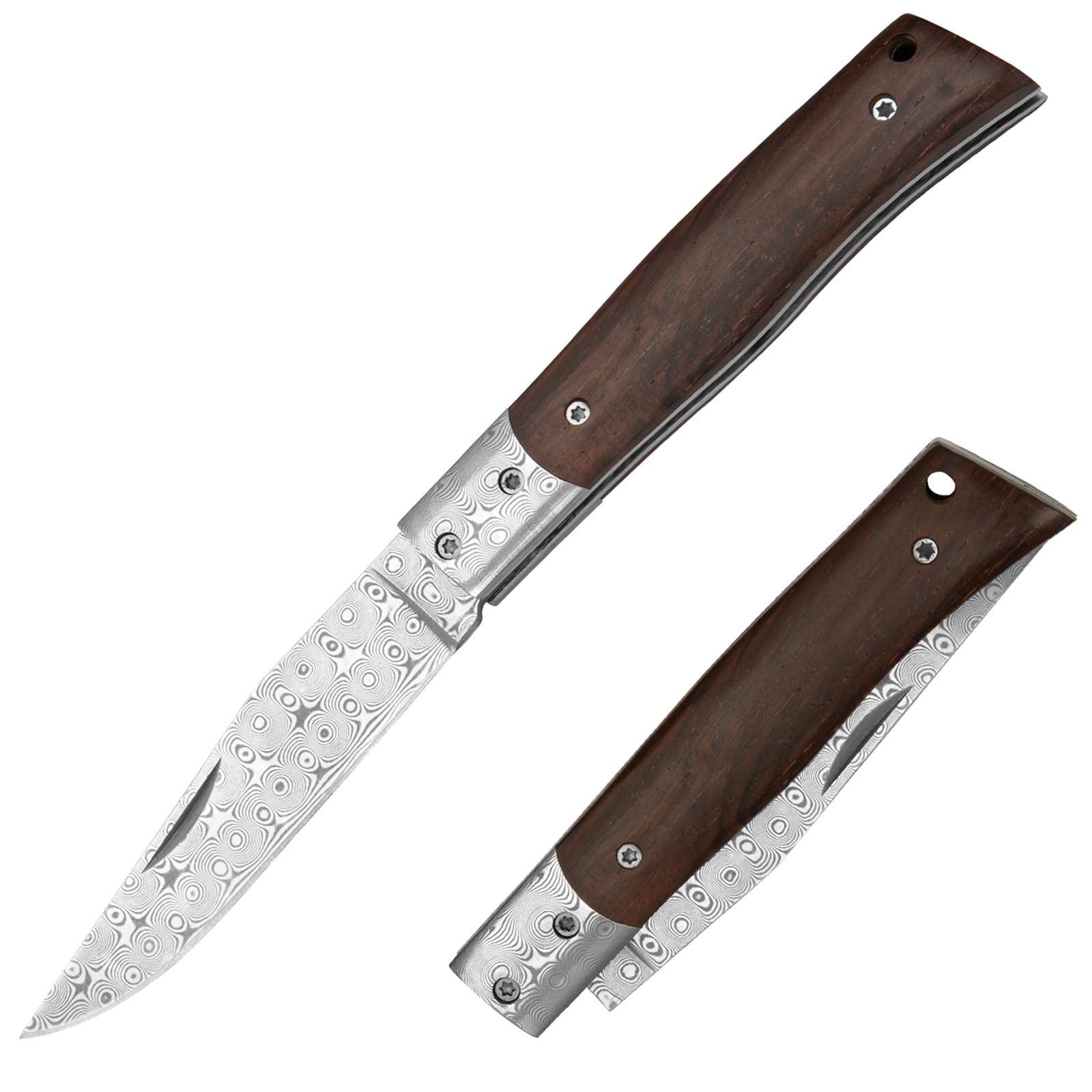 Dispatch 3.1 inch Blade Length Damascus Folding Pocket Knife with Vintage Wood Handle for Hiking, Camping and EDC
