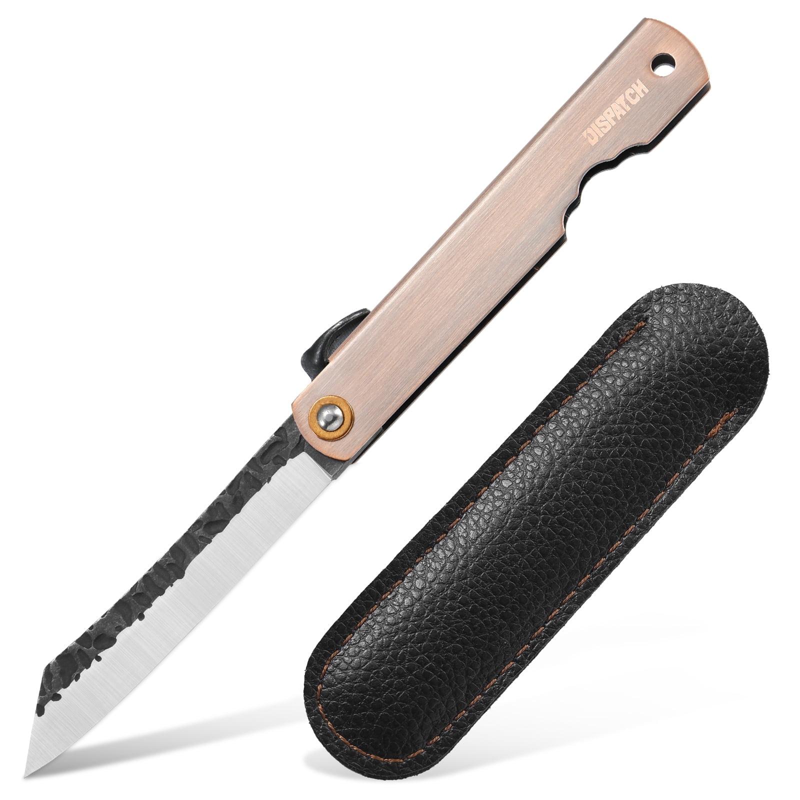 Dispatch 3.6" 7CR Folding Pocket Knife, Blackened Stone-Washed Forged Blade, Electroplated Red Antique Bronze Handle with Black PU Sheath