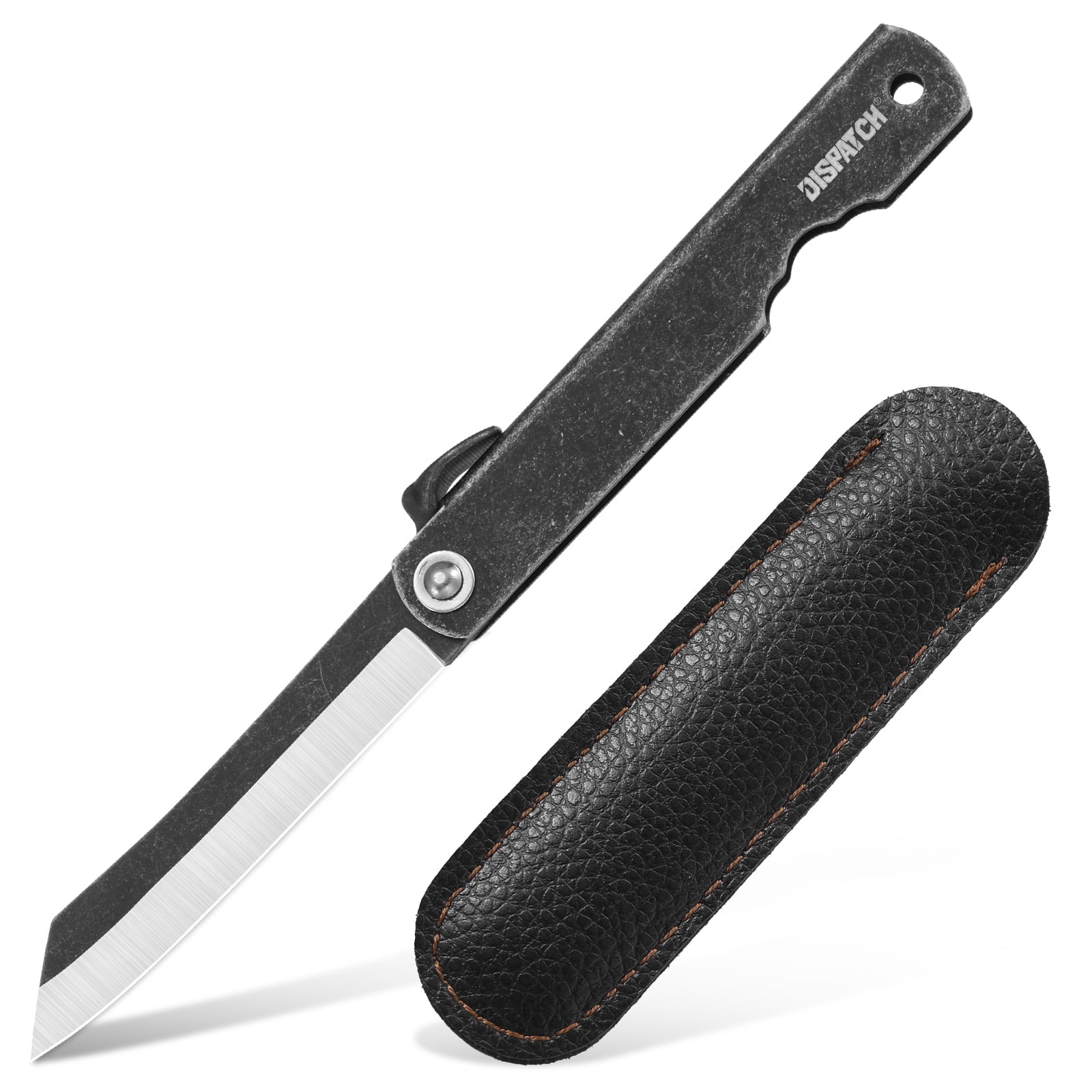Dispatch 3.6'' Lockless Folding Pocket Knife, 7Cr Blackened Stone-Washed Blade, Stainless Steel Blackened Stone-Washed Handle with Black PU Sheath