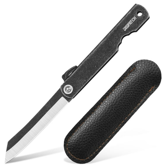 Dispatch 3.6'' Lockless Folding Pocket Knife, 7Cr Blackened Stone-Washed Blade, Stainless Steel Blackened Stone-Washed Handle with Black PU Sheath