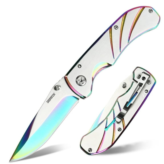 Dispatch 4.5” Folding Pocket Knife with Stainless Steel Handle and Clip, 3Cr Brushed Finish Blade, Rainbow