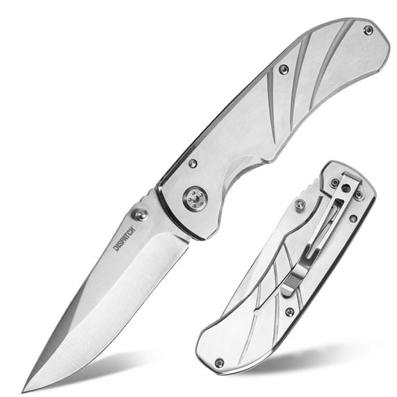 Dispatch 4.5” Folding Pocket Knife with Stainless Steel Handle and Clip, 3Cr Brushed Finish Blade, Silver