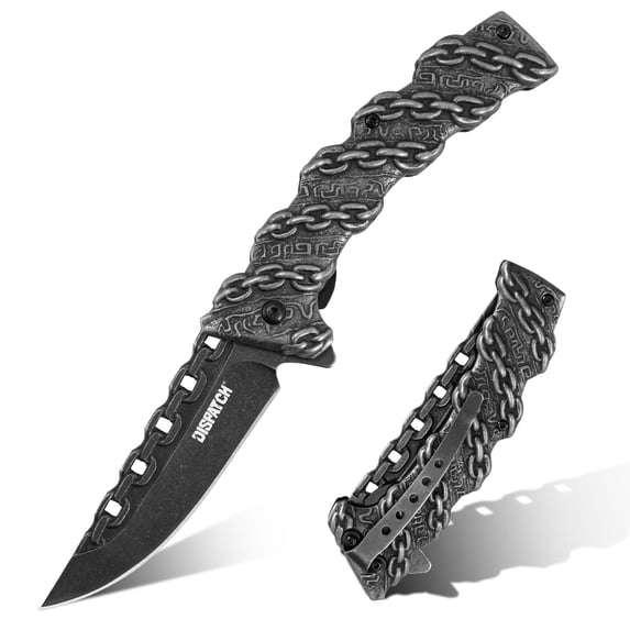 Dispatch 4.7" Folding Pocket Knife, Chain‑Embossed Textured Stainless Steel Handle, Black Stone‑Washed Finish with Pocket Clip, EDC Utility Knife for Camping Hiking