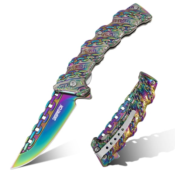 Dispatch 4.7" Folding Pocket Knife, Chain‑Embossed Textured Stainless Steel Handle, Rainbow Titanium Coated Finish with Pocket Clip, EDC Utility Knife for Camping Hiking