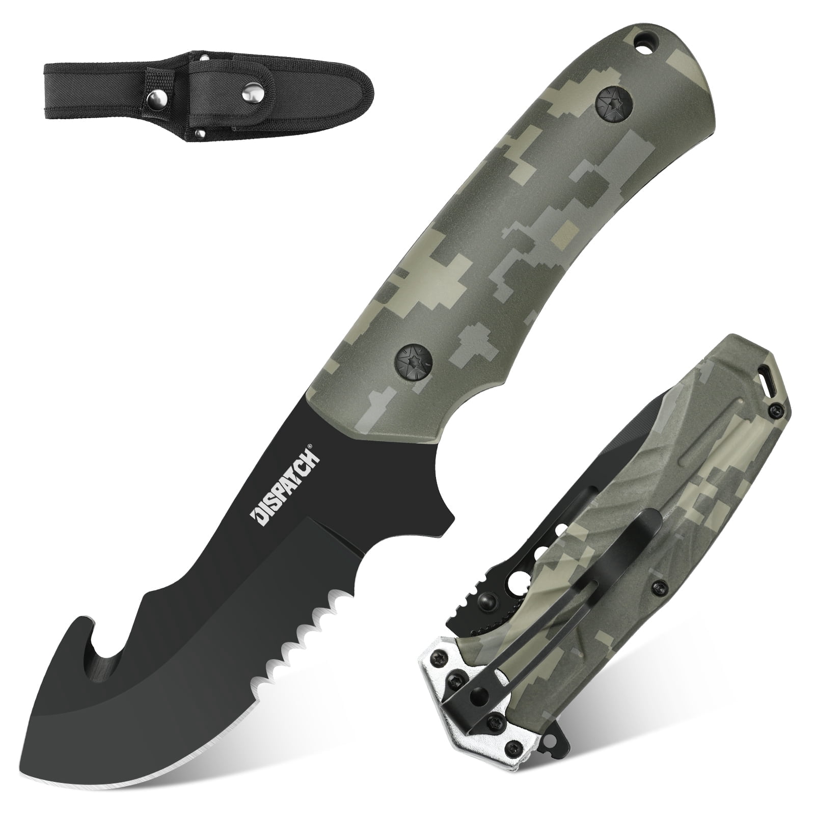 Dispatch 8.39" 2PCS Fixed Blade Knife, Hunting Knife Set ,Folding Knife Set with Nylon Sheath, EDC Knife