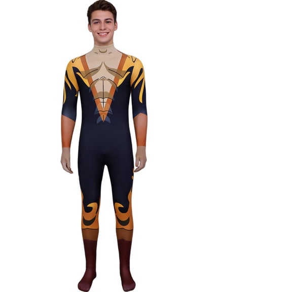 Dispatch Flambae Cosplay Costume - Anime Flame Warrior Spandex Zentai Suit - Retro Heroic 3D Full Bodysuit Stage Performance Jumpsuit for 4-5 Years