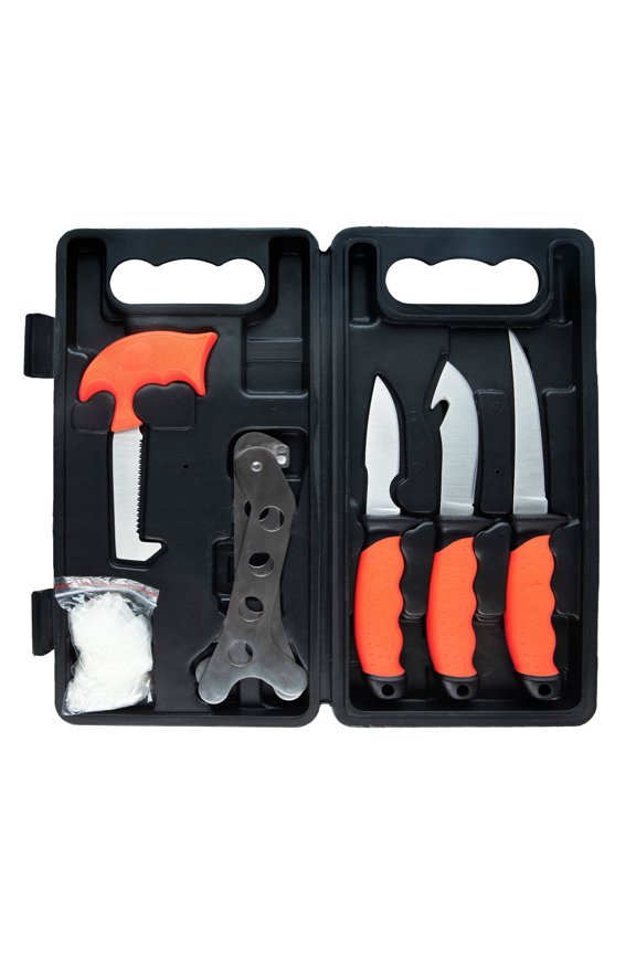 Hunting Field Dressing Kit6 Pieces Butcher Game Processing Kit with Caping & Boning Knives, Gut Hook Skinning Knife, Bone Saw, Ribcage Spreader in Hard Case
