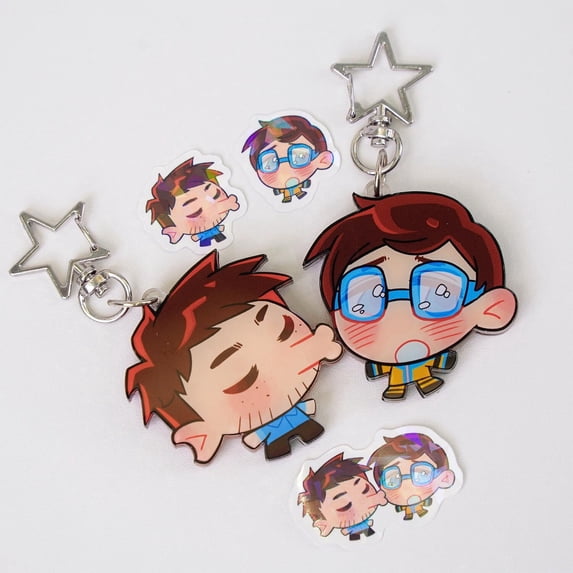 Dispatch Waterboy & Robert Kissing Acrylic Magnetic Keychain + Sticker Set | Fanmade Chibi Couple Merch (1 keychain)/RANDOM 1 PACK