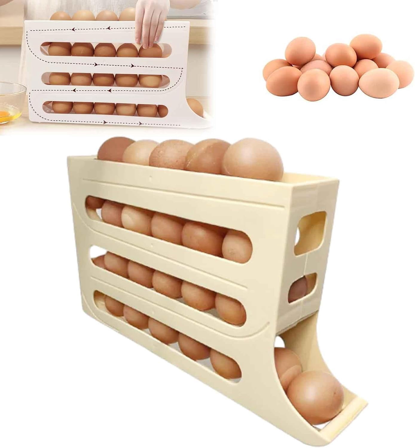 Dispensador De Huevos para Refrigerador, Organizador De Huevos, 4 Tiers Egg Holder for Fridge, Auto Rolling Fridge Egg Organizer, Egg Holder Countertop, Egg Dispenser Holder