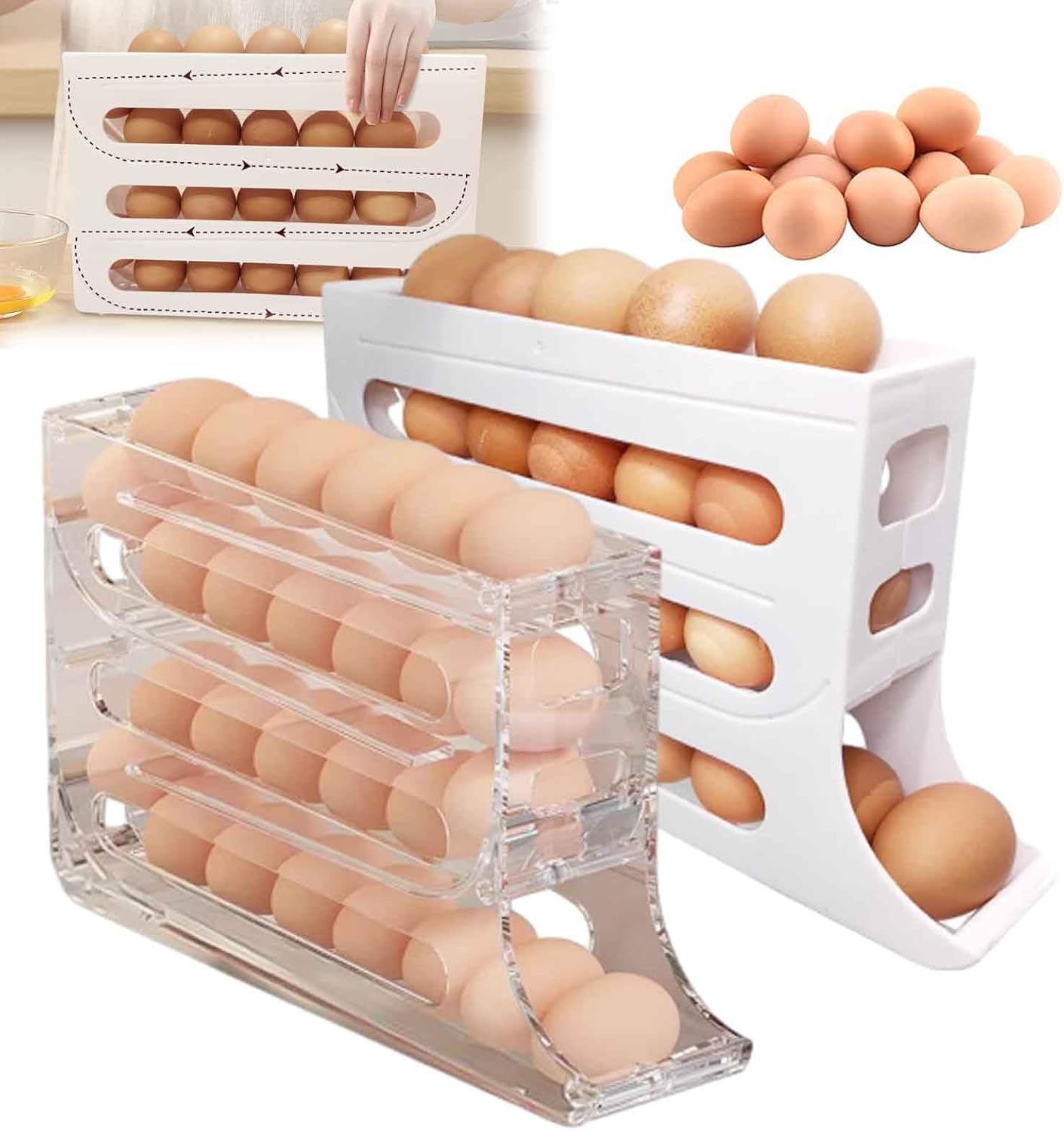 Dispensador De Huevos para Refrigerador, Organizador De Huevos, 4 Tiers Egg Holder for Fridge, Auto Rolling Fridge Egg Organizer, Egg Holder Countertop, Egg Dispenser Holder
