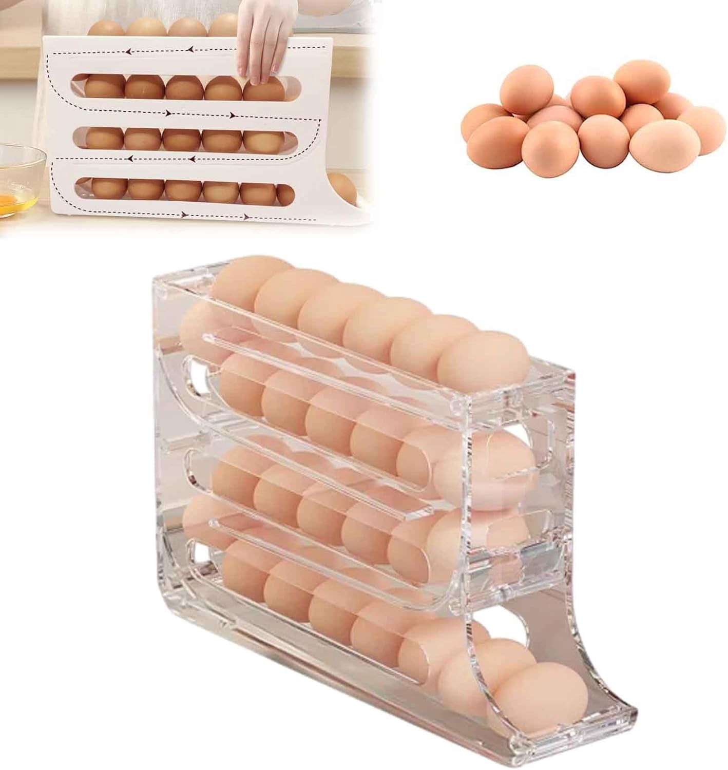 Dispensador De Huevos para Refrigerador, Organizador De Huevos, 4 Tiers Egg Holder for Fridge, Auto Rolling Fridge Egg Organizer, Egg Holder Countertop, Egg Dispenser Holder