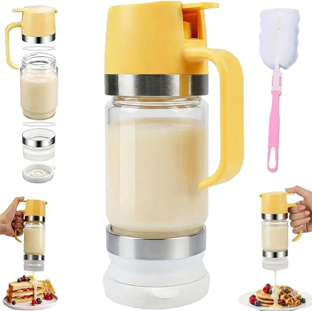 Dispensador De Leche Condensada, Honey Dispenser with Stand, No Drip Syrup Dispenser, Glass Honey Jar with Bottom Release Valve for Coffee Tea Maple Syrup Kitchen Counter Use (Yellow)