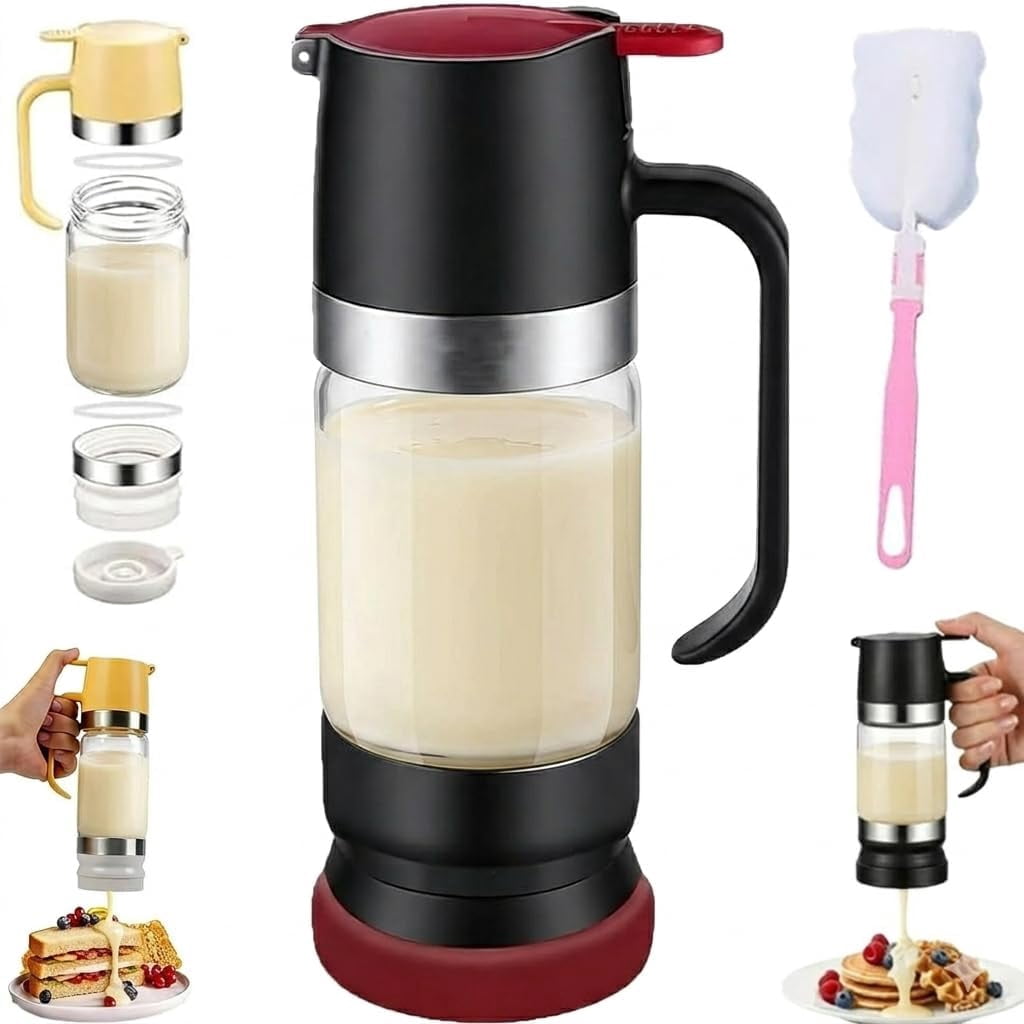 Dispensador De Leche Condensada, Honey Dispenser with Stand, No Drip Syrup Dispenser, Glass Honey Jar with Bottom Release Valve for Coffee Tea Maple Syrup Kitchen Counter Use (Black)
