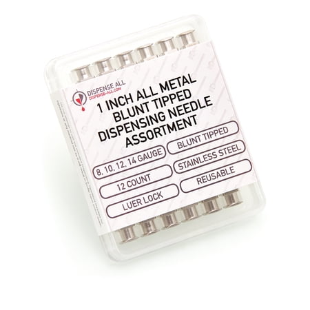 Dispense All - 8, 10, 12, 14 Gauge 1 inch All Metal - Blunt Tipped Dispensing Needle Assortment, Luer Lock