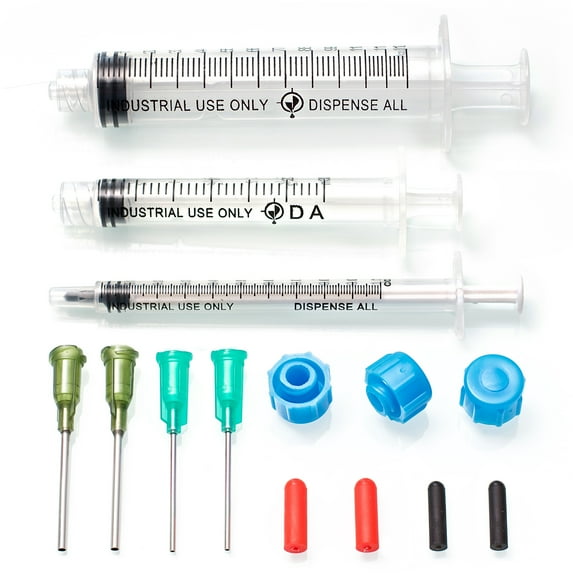 Dispense All - K1-3 All-Purpose Industrial Syringe Kit - 1ml/3ml/10ml with 1" 14+18 Gauge Dispensing Tips, Syringe Caps and Tip Covers