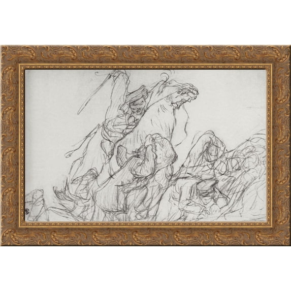 Dispersal of the Cossacks of demonstrators in 1905 24x18 Gold Ornate Wood Framed Canvas Art by Valentin Serov