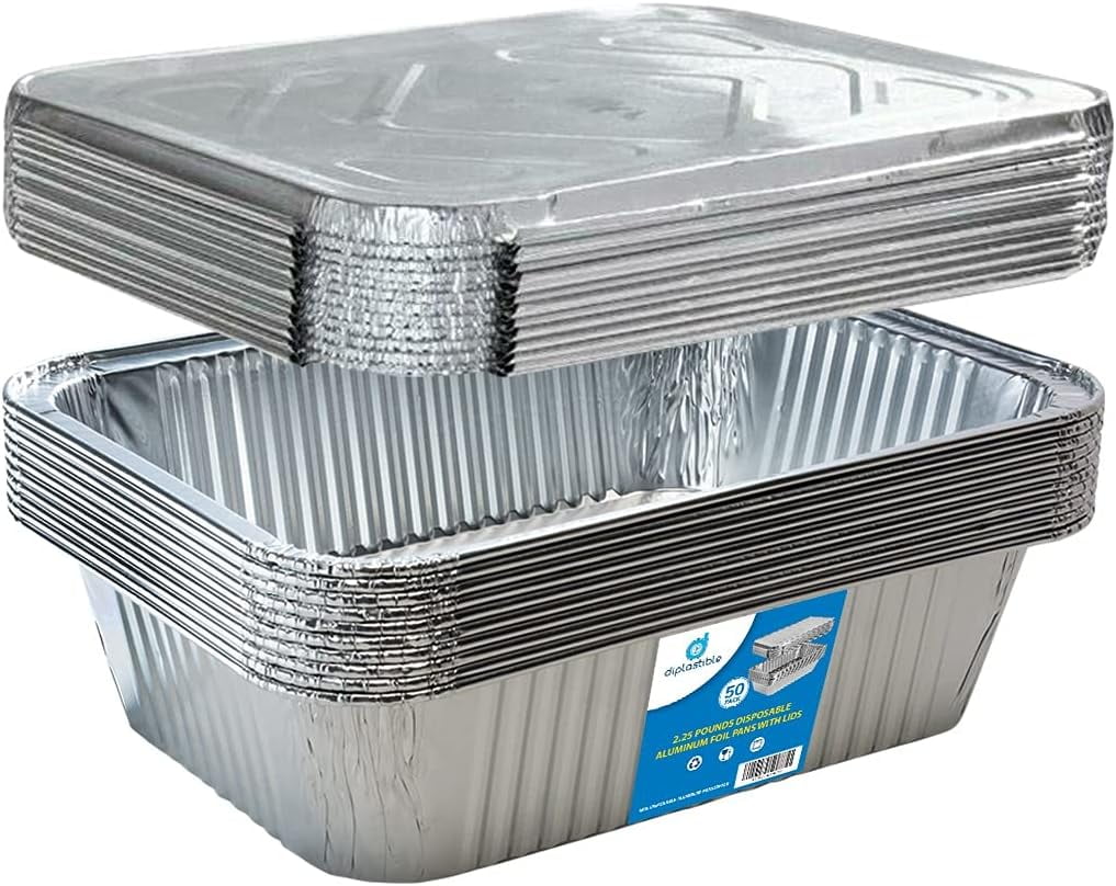 Diplastible 11x7 Disposable Aluminum Pans with Covers - 10 Pack - Pan with Foil Lids Perfect for Baking Cooking Food and Storage Container
