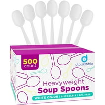 Displastible Disposable White Plastic Soup Spoons Heavyweight BPA-Free Cutlery Utensils 500 Pack