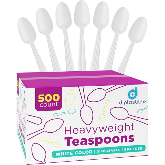 Displastible Disposable White Plastic Tea Spoons Heavyweight BPA-Free Cutlery Utensils 500 Pack