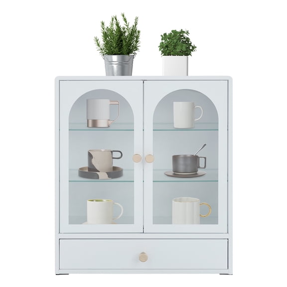 Display Cabinet 18.7" Tall Storage Cabinet with Drawer, White Curio with Glass
