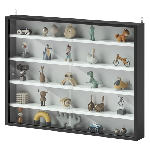 Display Cabinet 5-Tier, Wall Mounted Glass Cabinet with Doors, Adjustable Shelves - Black & White Collectible Case
