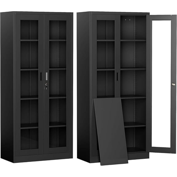 Display Cabinet-71 Inches 4 Adjustable Shelves Curio Cabinets with Locking Glass Doors Display Case for Collectibles, Cosmetics, Hydroponics, Books (Black,Assemble Required)