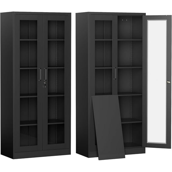 Display Cabinet-71 Inches 4 Adjustable Shelves Curio Cabinets with Locking Glass Doors Display Case for Collectibles, Cosmetics, Hydroponics, Books (Black,Assemble Required)