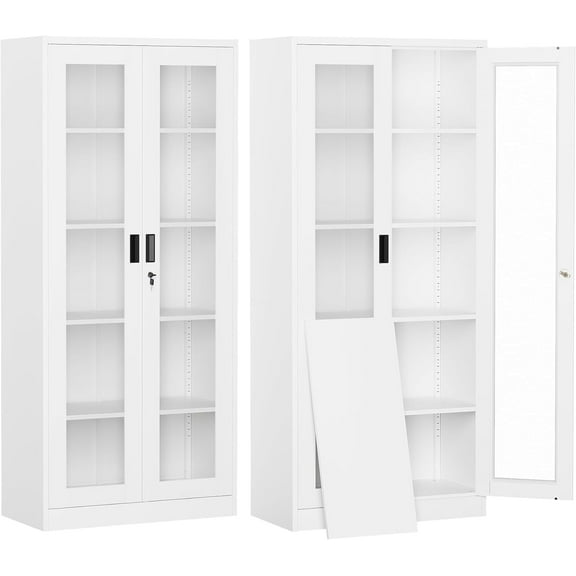 Display Cabinet-71 Inches 4 Adjustable Shelves Curio Cabinets with Locking Glass Doors Display Case for Collectibles, Cosmetics, Hydroponics, Books (White,Assemble Required)