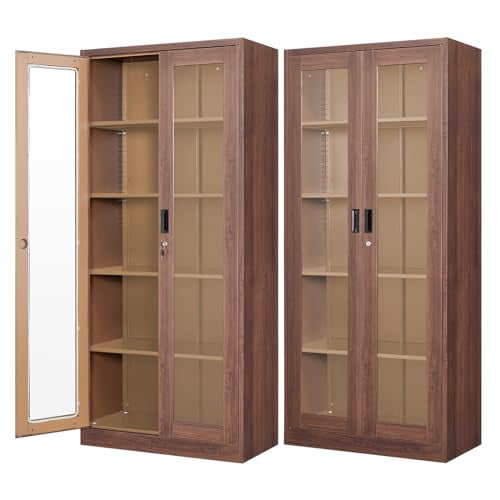 Display Cabinet-71 Inches 4 Adjustable Shelves Curio Cabinets with Locking Glass Doors Display Case for Collectibles, Cosmetics, Hydroponics, Books (Wood Color,Assemble Required)