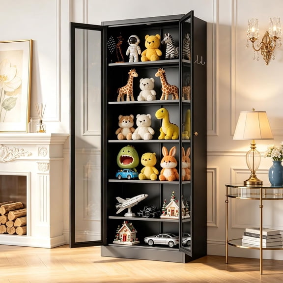 Display Cabinet, 72"H Storage Cabinet with Glass Doors and 5-Tier Adjustable Shelves, Metal Curio Cabinets, Freestanding Cupboard, Glass Display Case for Living Rooms, Assemble Required, Black
