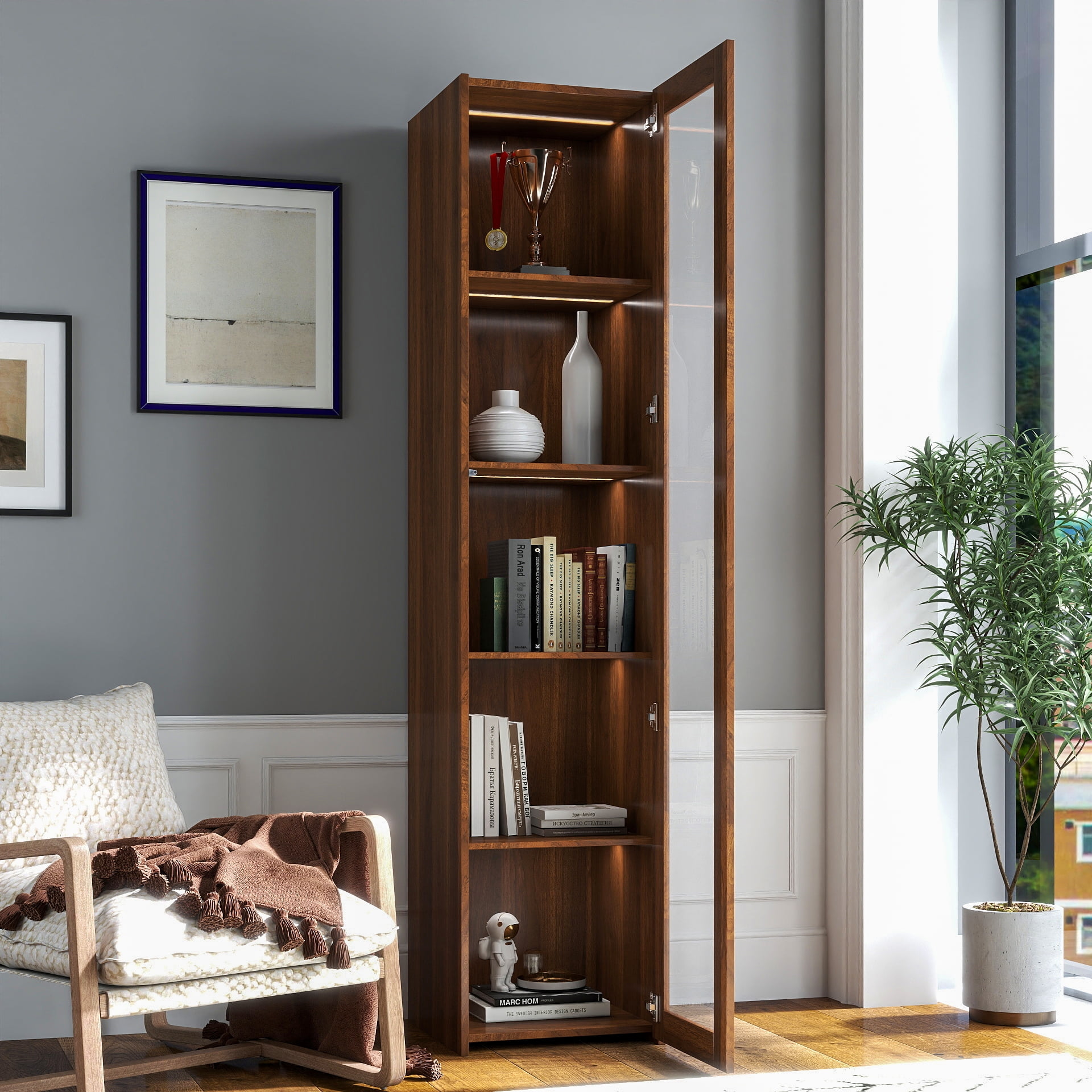 Display Cabinet Curio Storage Cabinet with 5 Shelves LED Lights for Collectibles, Walnut