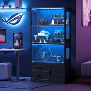 Display Cabinet with Glass Doors, 4-Tier Curio with 3-Color Lights & Human Body Sensor, Storage Cabinet with 3 Shelves & 2 Drawers for Living/Dining/Game Room, Black Oak