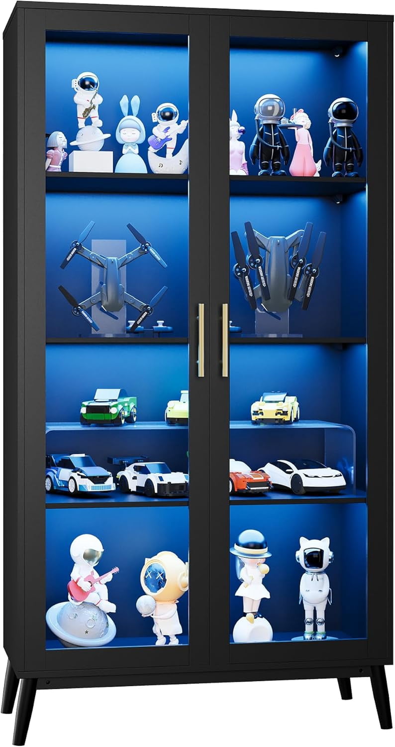 Display Cabinet with Glass Doors, 4-Tier Glass Display Case with 3 ...