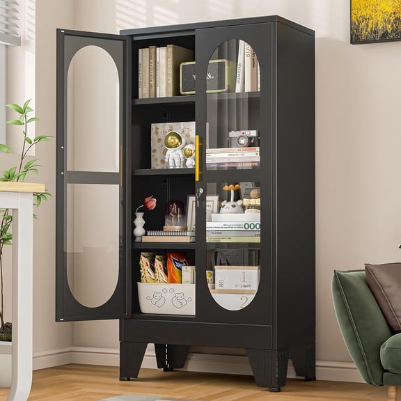 Display Cabinet with Glass Doors, 47" Tall Metal Storage Cabinets with Lock, Curio Glass Display Cabinet with 3 Adjustable Shelves for Living Room, Kitchen, Wine, Home Office(Black, 47" H)