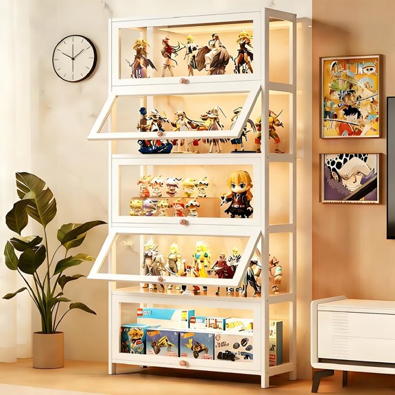 Display Cabinet with Glass Doors, 5-Tier Curio Cabinet with 4 Adjustable Shelves for Collectibles Toy Organizers Rack & Display Shelf, Kids Bookcase for Bedroom, Living Room, Reading Nook (Black)