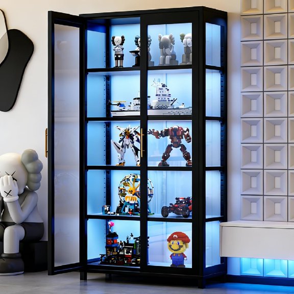 Display Cabinet with Glass Doors, 5-Tier Curio Cabinet with 4 Adjustable Shelves for Collectibles Toy Organizers Rack & Display Shelf, Kids Bookcase for Bedroom, Living Room, Reading Nook (Black)