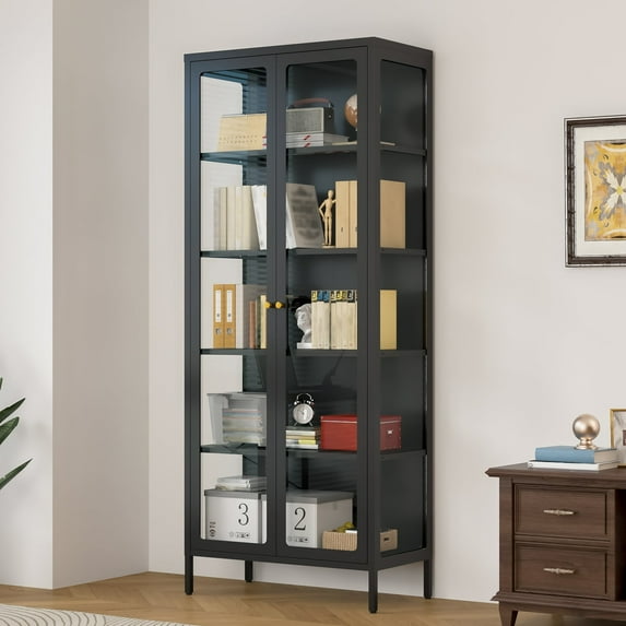 Display Cabinet with Glass Doors, 5-Tier Storage Shelves with 3-Side Tempered Glass and RGB LED light, 4 Adjustable Shelves Collectibles Toys Organizers Rack, Display Shelf & Bookshelf, Black