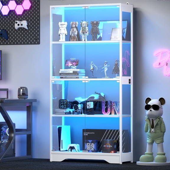 Display Cabinet with Glass Doors, 63" Tall Curio Cabinet with Human Sensor RGB LED Lights, 4-Tier Glass Display Case with 15mm Thick Shelves for Action Figures, Collectibles, Books - White