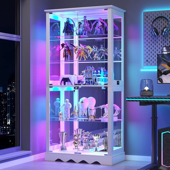 Display Cabinet with Glass Doors,65" Tall White Kitchen Pantry Organizer with Doors and Adjustable Shelves, Modern Glass Display Case Human Body Sensor & RGB Lights for Living/Game Room