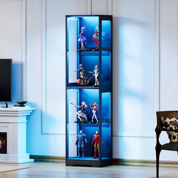 Display Cabinet with Glass Doors, 70" Tall Curio Cabinet with 3-Color RGB LED Lights, Motion Sensor & Music Sync, Adjustable Tempered Glass Shelves for Collectibles, Funko Pop, Home Decor