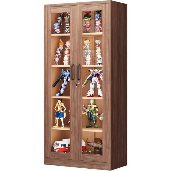 Display Cabinet with Glass Doors, 71 Inches Metal Curio Storage Cabinets with 4 Adjustable Shelves, Locking Glass Cabinet Display Case for Home, Office, Clinic, Pantry (Brown)