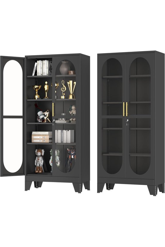 Display Cabinet with Glass Doors,71" Tall Metal Display Case with 4 Adjustable Shelves,Heavy-Duty Curio Storage Cabinet with Lock for Home,Book,Wine,Pantry (Black)