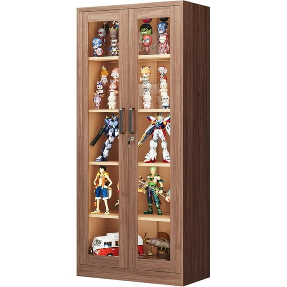 Display Cabinet with Glass Doors, 71IN Metal Curio Cabinets with 4 Adjustable Shelves, Locking Glass Cabinet Display Case for Home, Office, Clinic, Pantry (Wood Color)