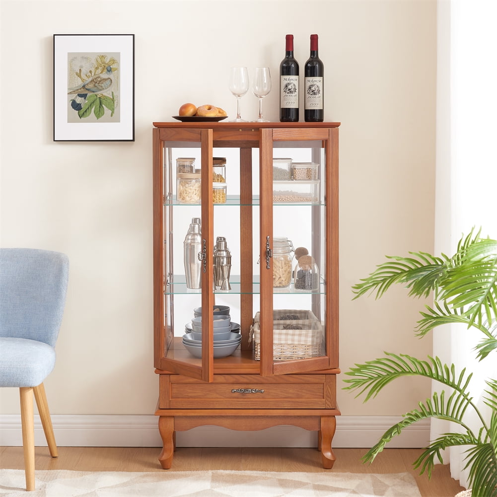 Oak Lighted Glass Curio Cabinet with Adjustable Shelves and Drawer