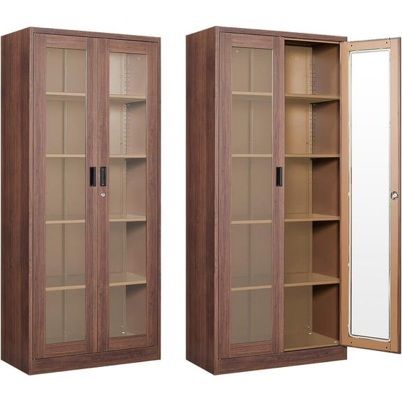 Display Cabinet with Glass Doors, Display Case Cabinet for Collectibles, Curio Display Cabinet with 4 Adjustable Shelves, 71" Glass Display Cabinet for Home Living Room (Wood Color)