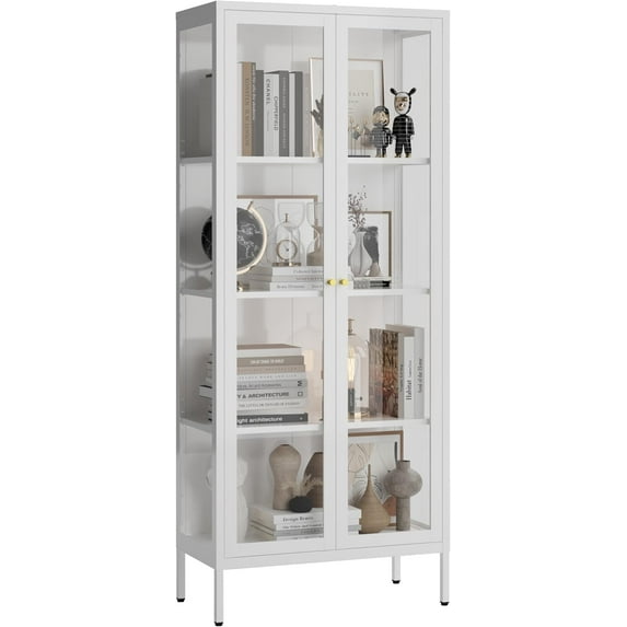 Display Cabinet with Glass Doors, Glass Display Cabinet 4-Tier, Metal Curio Display Cabinet with Tempered Glass Doors for Living Room, Plant, Display Shelf, Assembly Required, White