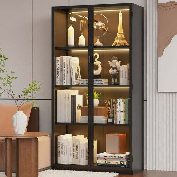 Display Cabinet with Glass Doors,Tall Glass Display Cabinet with LED Lights,Display Cabinets for Collectibles with 3 Adjustable Shelves for Living Room,Bedroom,Office Assemble Required