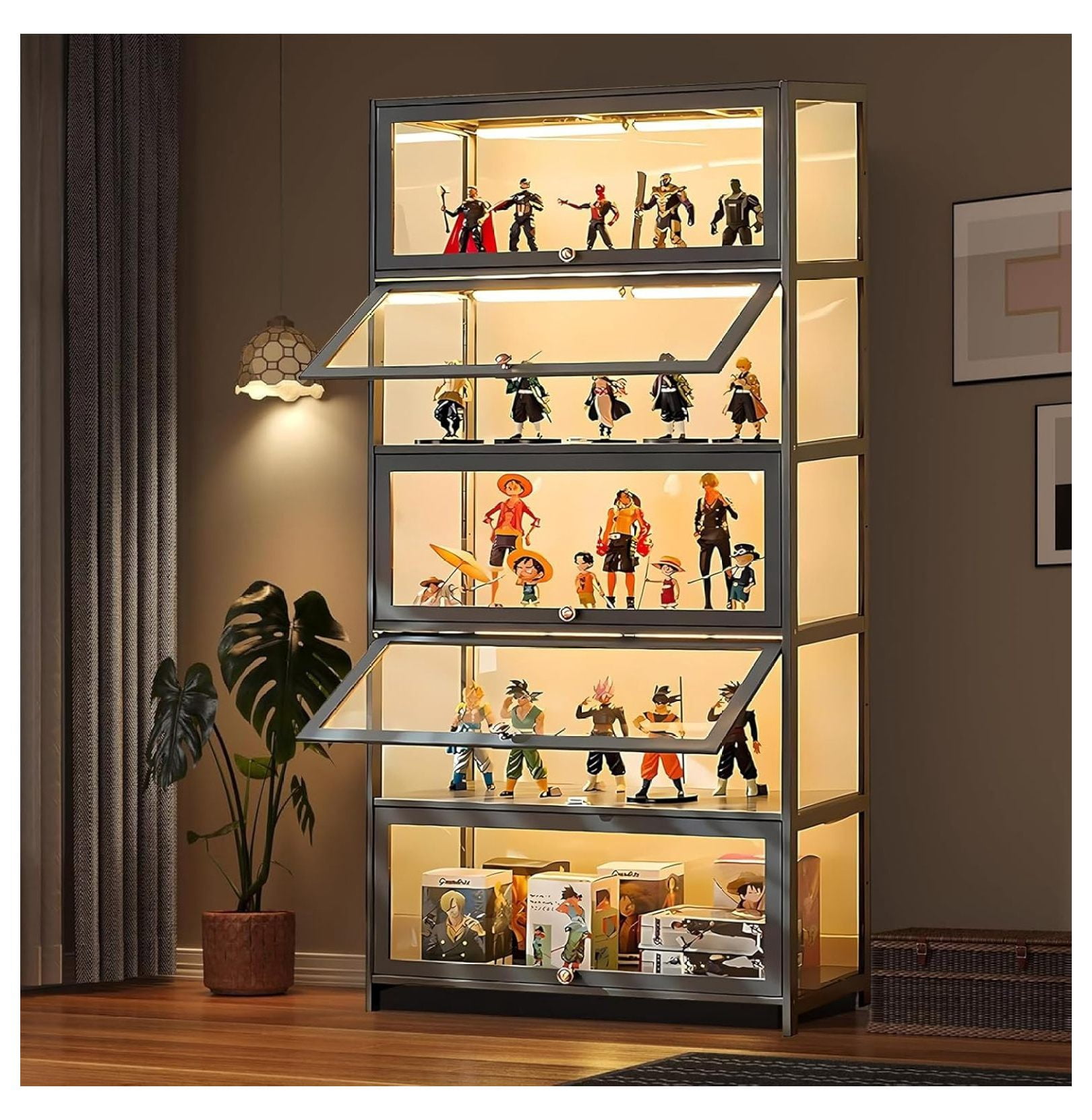 Display Cabinet with Glass Doors, Tall Storage Cabinet with Adjustable ...