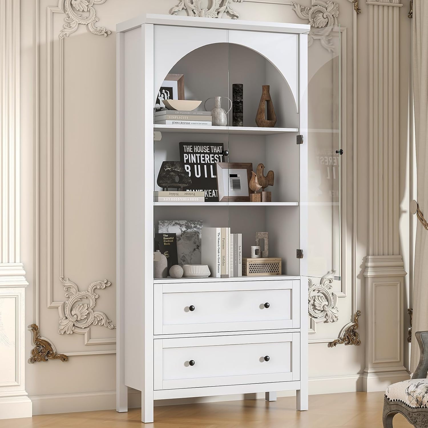 𝓢𝓪𝓾𝓭𝓲𝓼𝓶 Display Cabinet With Glass Doors, White Arched Bookcase With ...