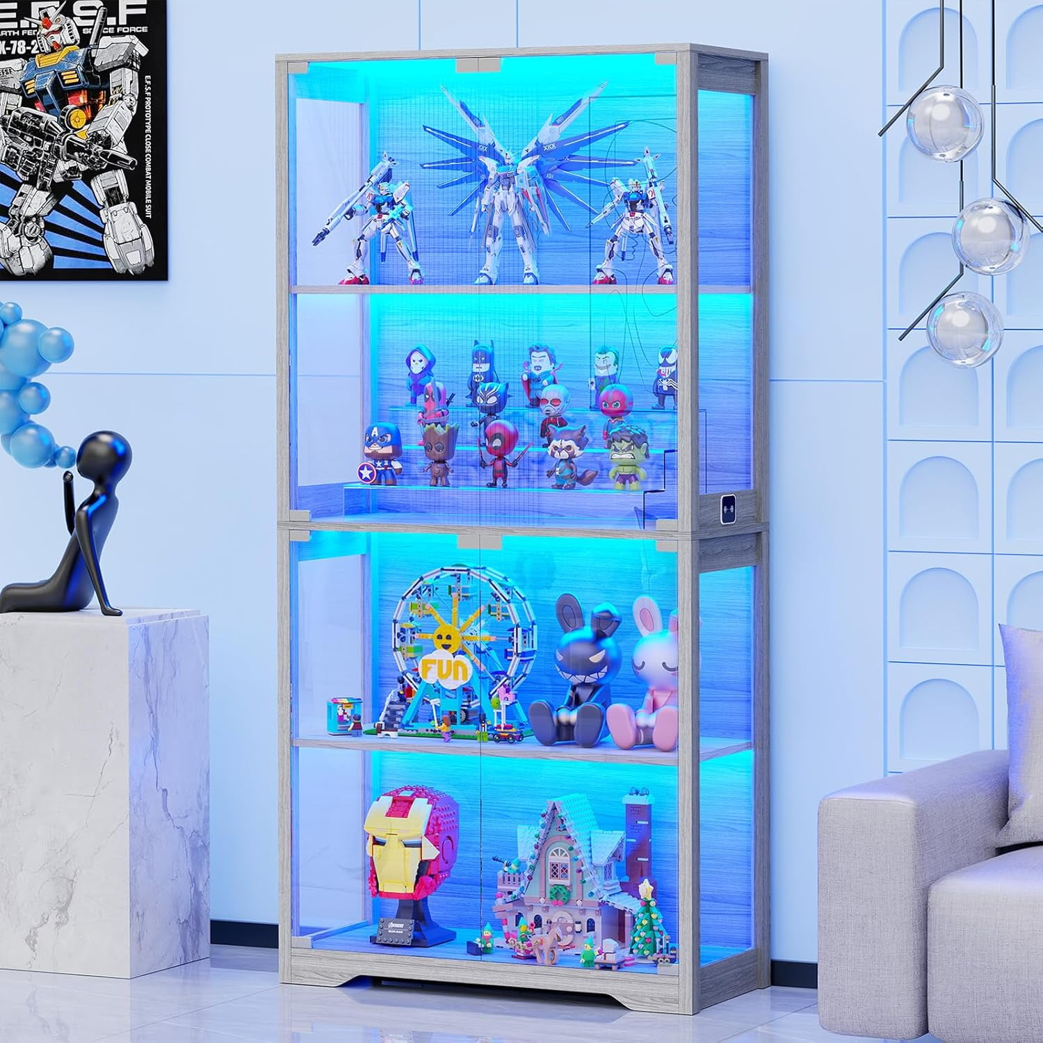 Gray 4-Tier Display Cabinet with Glass Doors and LED Lighting